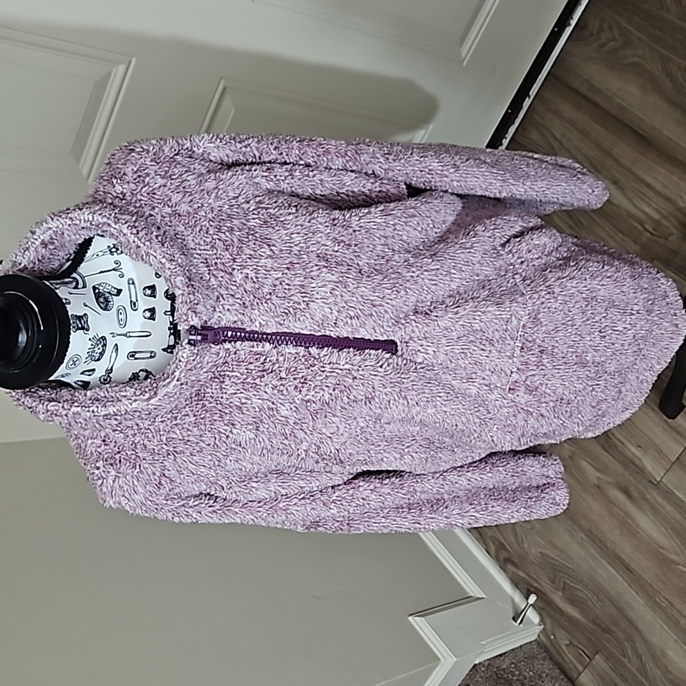 Zenana Outfitters Purple & White Fleece 1/4 Zip Pullover With Kangaroo Pocket